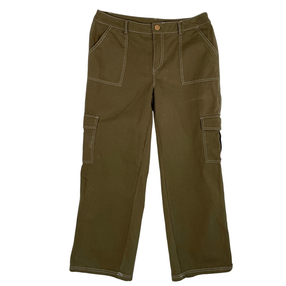 Hesperus XL Women's Olive Green Cargo Pants Wide Leg Contrast Stitching Utility